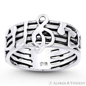 G-Clef, Musical Notes, & Staves Stackable Band in .925 Sterling Silver - Size 8